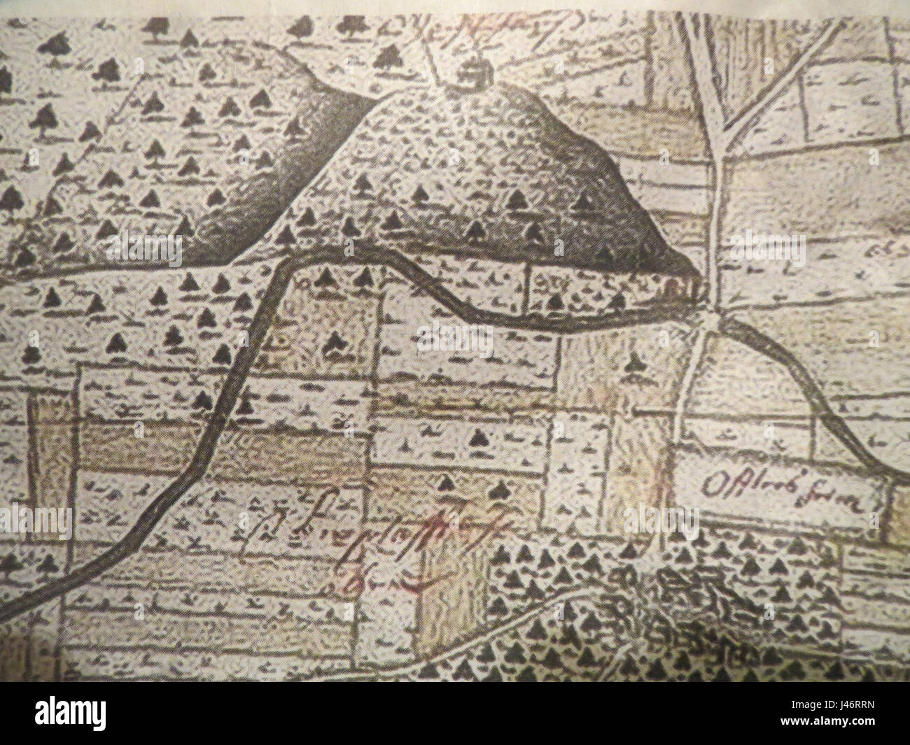 Oftersheim, una città in Germania, è raffigurato in un contesto storico dell'anno 1700, che mostra i suoi paesaggi e le sue caratteristiche architettoniche durante il primo periodo moderno. Foto Stock