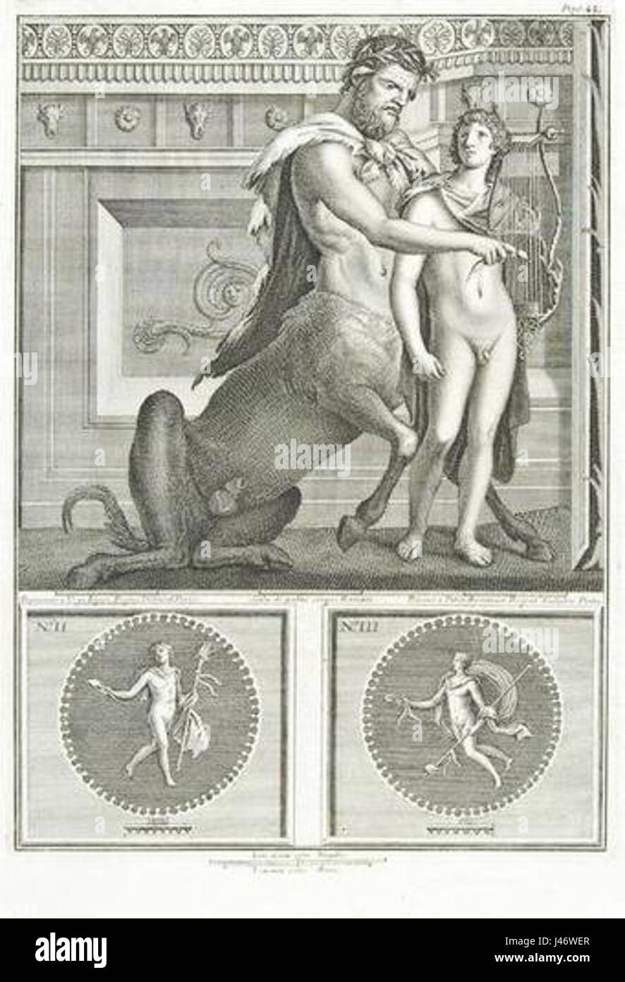 Un dipinto murale dell'antica città romana di Ercolano raffigurante un minotauro e un liuto suonatore, che offre un'idea dell'arte e della cultura dell'Impero Romano. Foto Stock