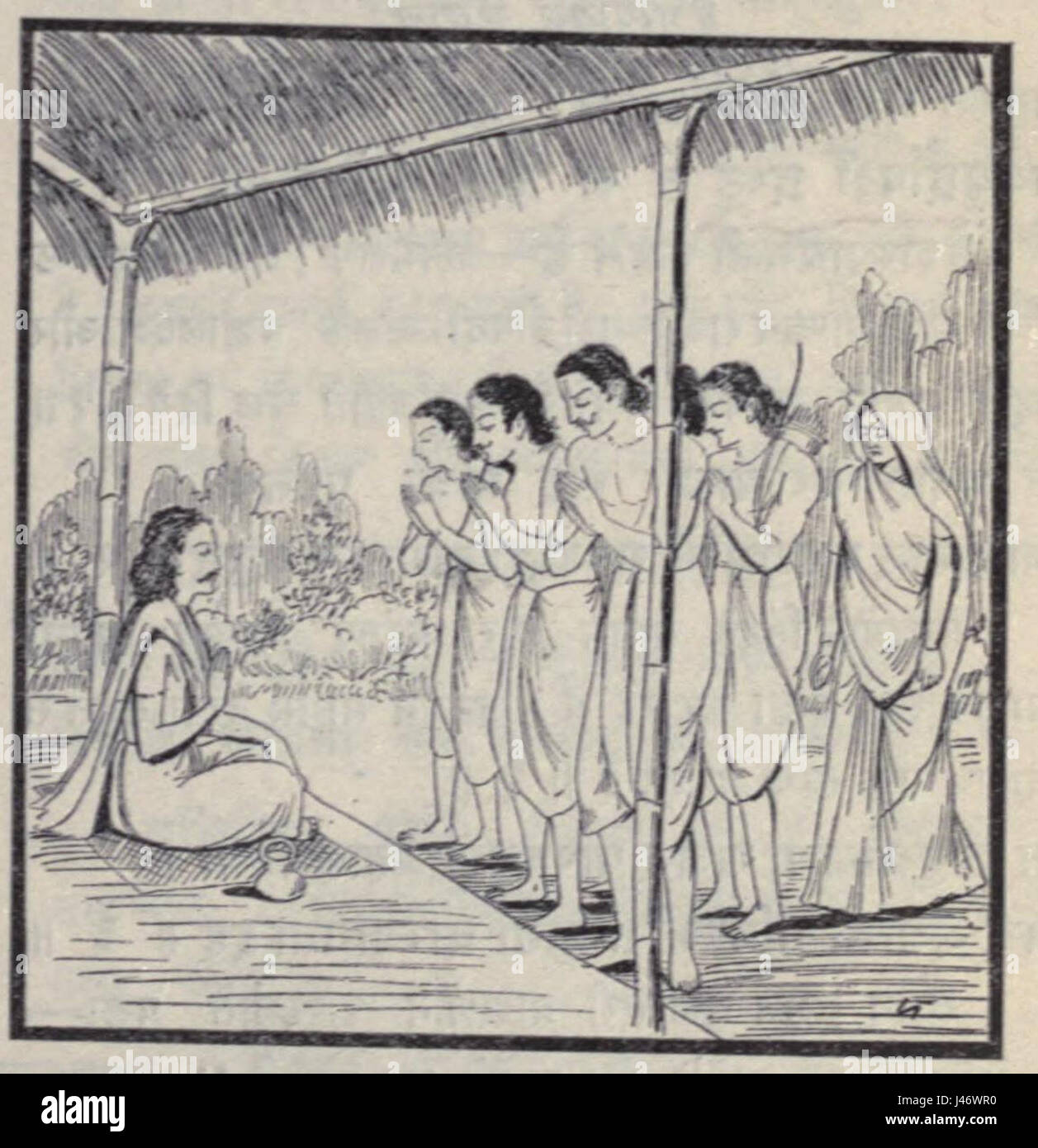 I Pandava incontrano Daumya, un evento chiave nell'epico indiano Mahabharata, dove i fratelli Pandava incontrano il saggio Daumya. Questo incontro segna un importante momento spirituale per i Pandava, mentre Daumya li guida nel loro cammino di giustizia e saggezza. Foto Stock