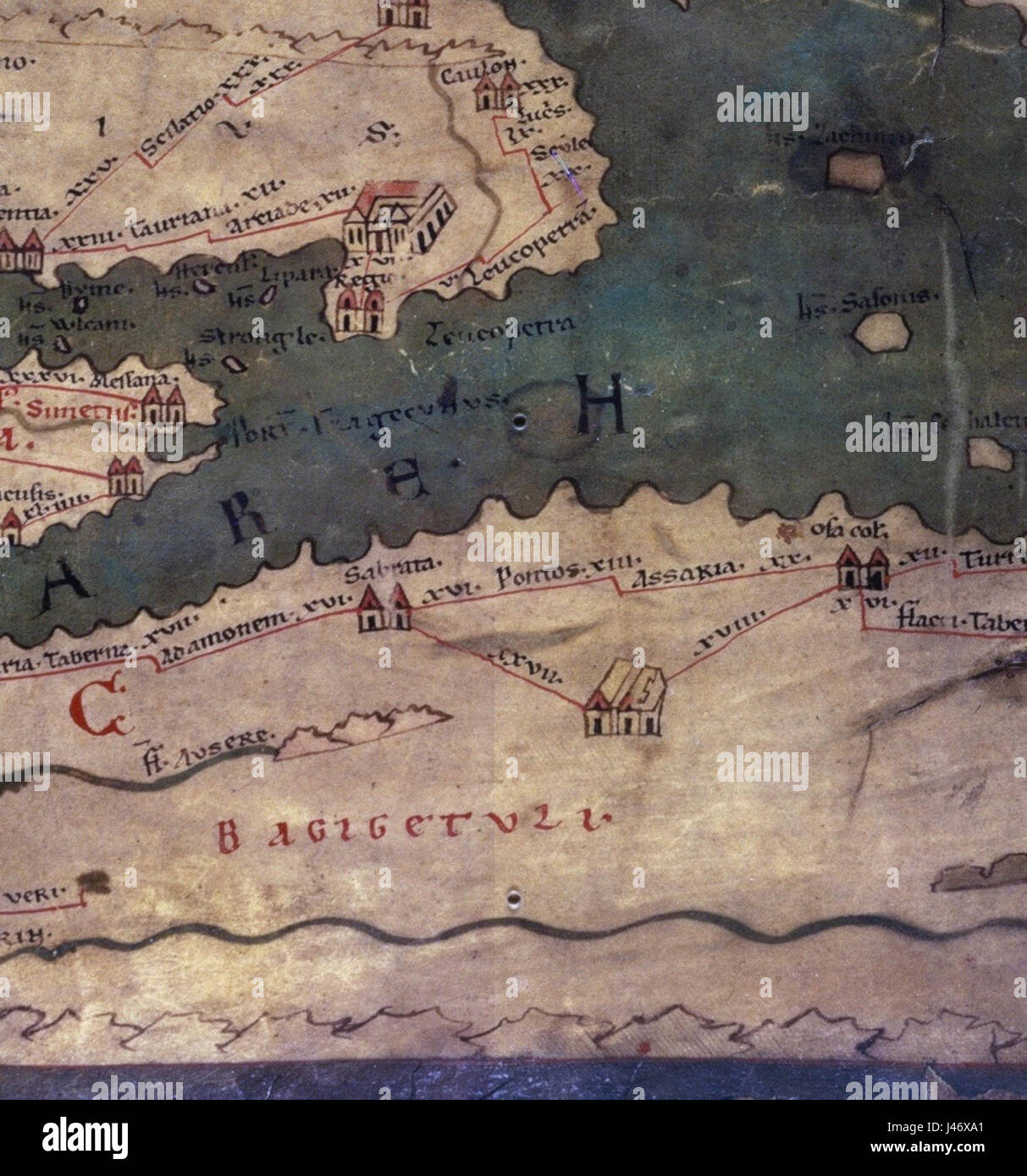 Parte della Tabula Peutingeriana show Italia meridionale e la Sicilia orientale, Libia Occidentale Foto Stock