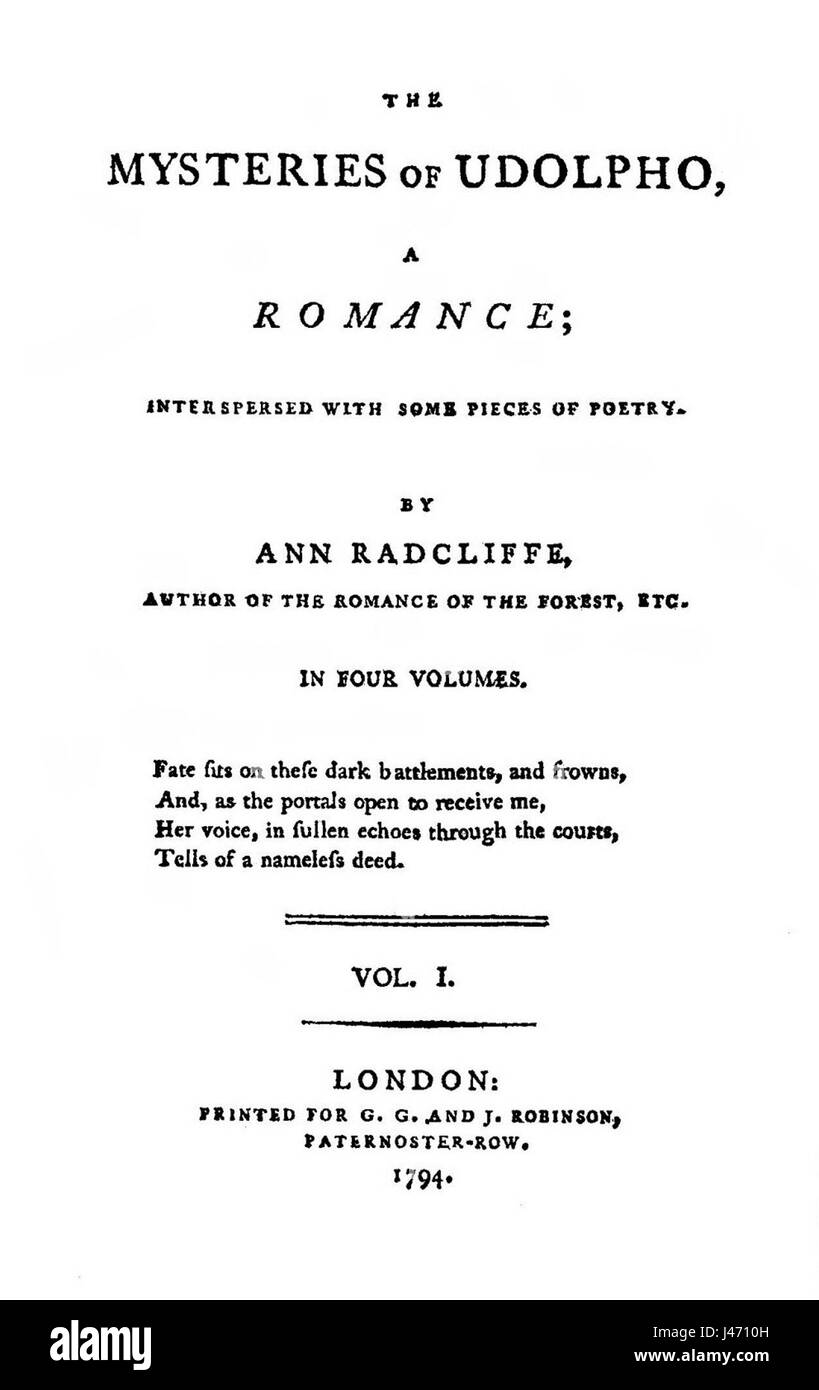 I misteri di Udolpho è un romanzo gotico di Ann Radcliffe, pubblicato per la prima volta nel 1794. La storia segue Emily St. Aubert mentre scopre segreti oscuri in un remoto castello, mentre combatte con le forze della natura e del soprannaturale. Questo romanzo è noto per la sua atmosfera inquietante ed esplora temi di paura, mistero e l'ignoto. Foto Stock