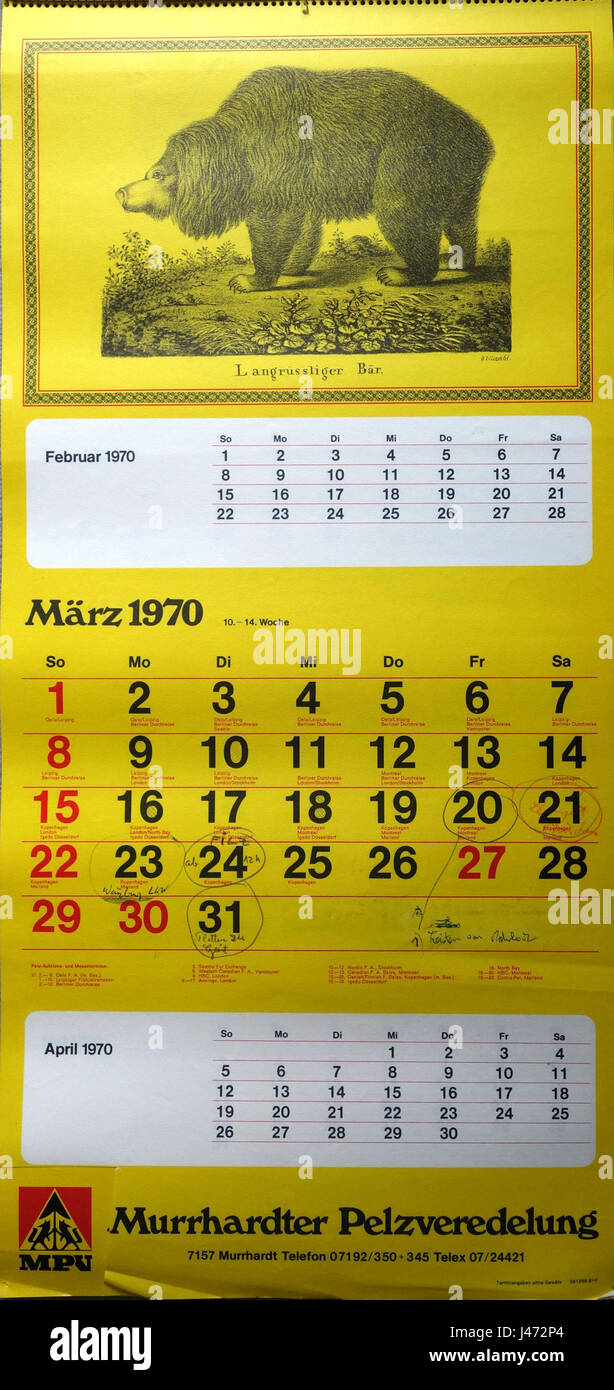 Una pagina del calendario annuale "Murrhardter Pelzveredlung" per l'anno 1970, che mostra immagini relative alla lavorazione delle pellicce a Murrhardt, Germania. Foto Stock