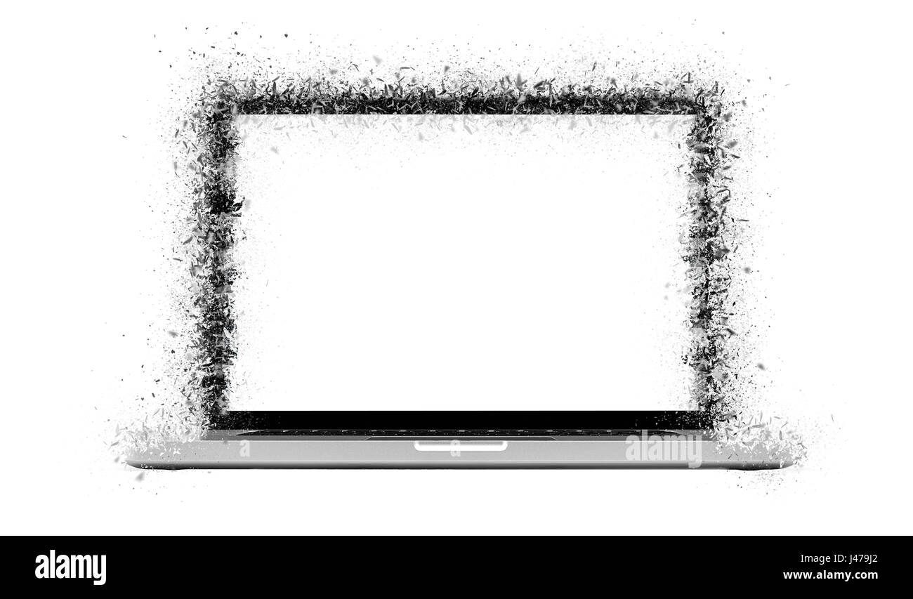 Laptop ans esplosa in frantumi su sfondo bianco Foto Stock