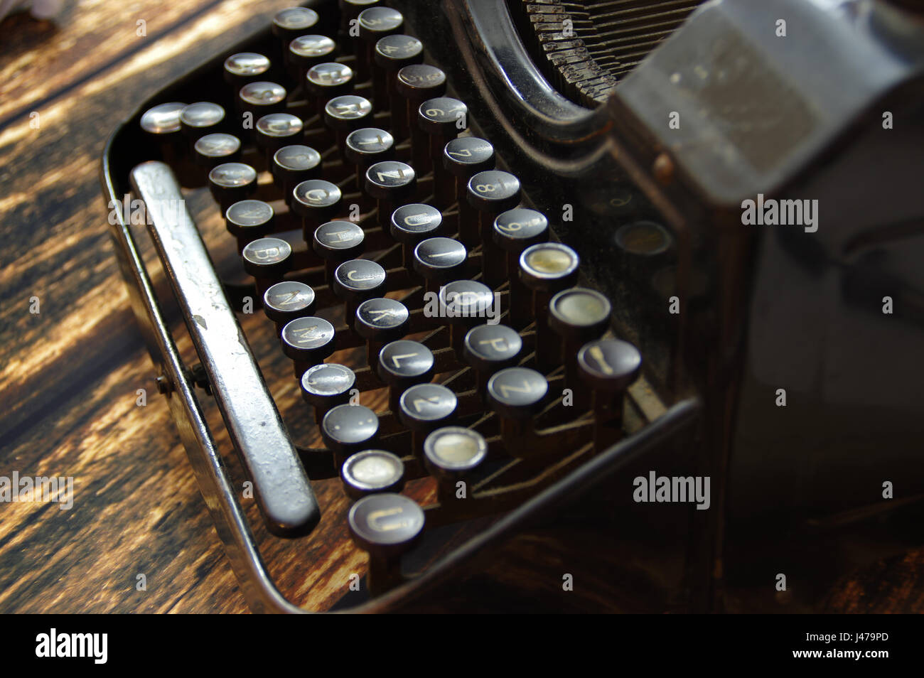 Tasti vintage della vecchia macchina da scrivere macro, dettagli obsoleta macchina di scrittura Foto Stock