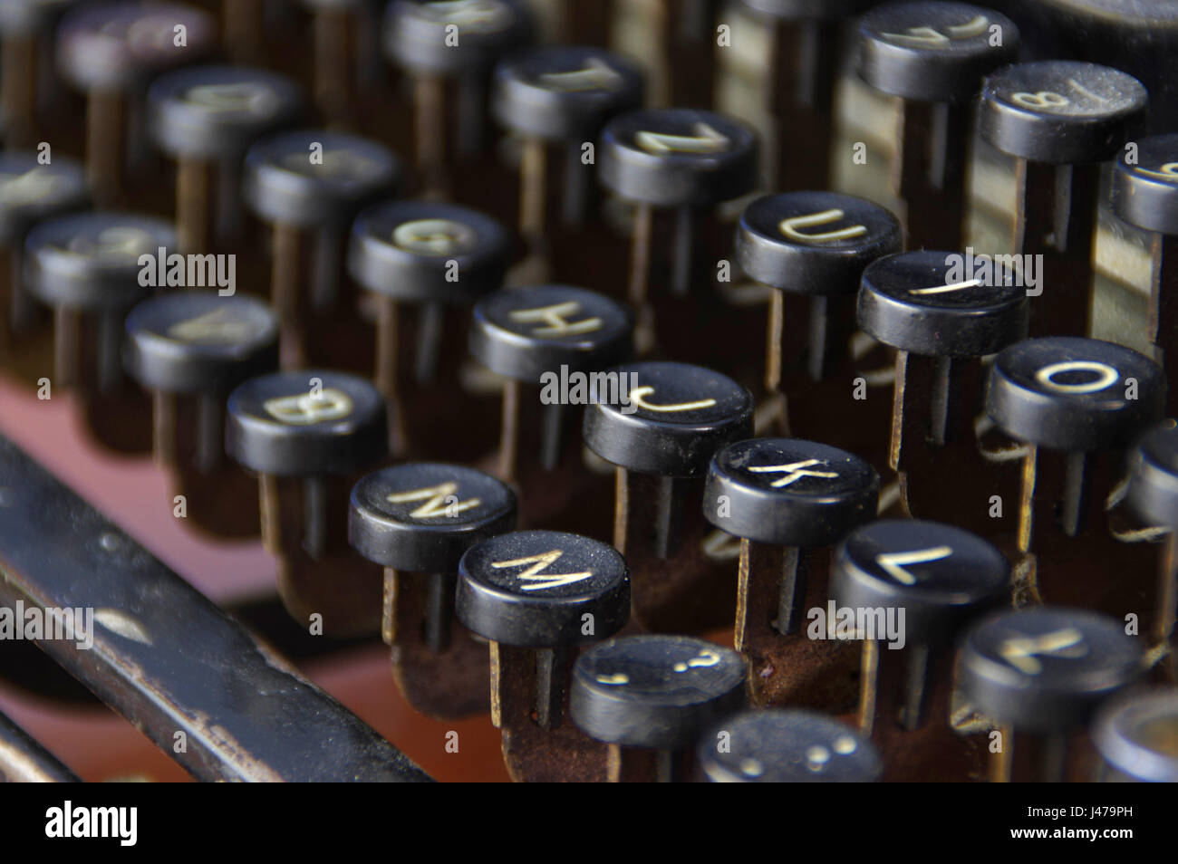 Tasti vintage della vecchia macchina da scrivere macro, dettagli obsoleta macchina di scrittura Foto Stock