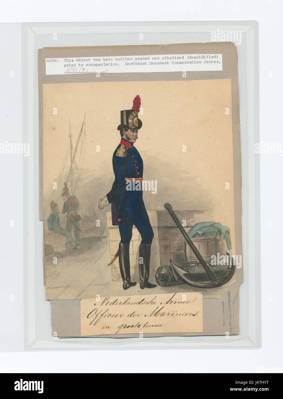 Questa immagine raffigura un ufficiale del armyâ corpo dei Marines olandese, raffigurato in uniforme completa. Offre un'idea delle tradizioni militari e dell'abbigliamento dei Paesi Bassi durante il XIX secolo. Foto Stock