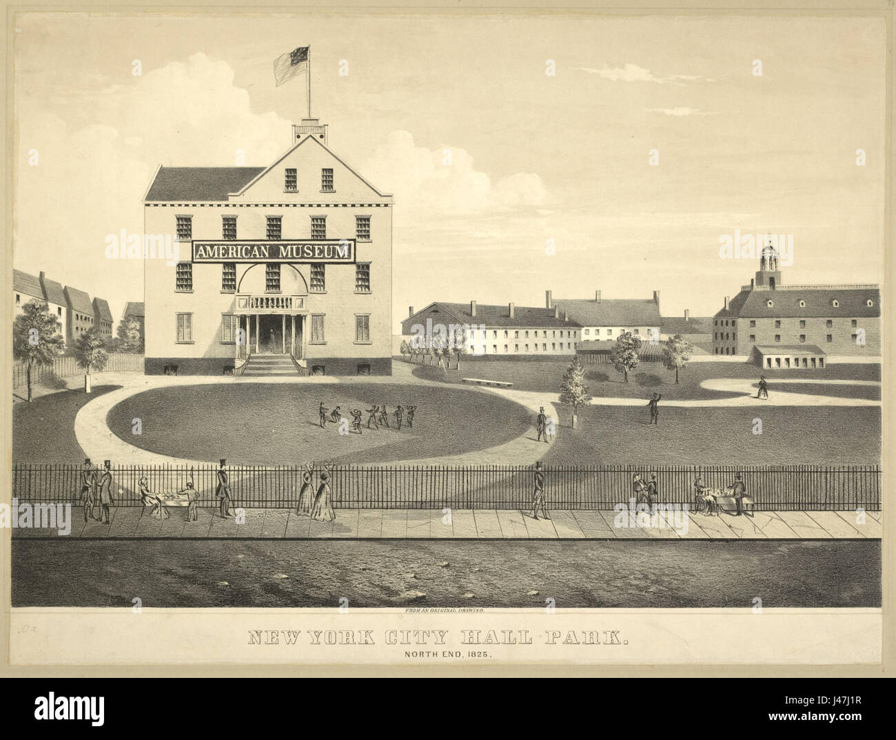 New York City Hall Park. North End, 1825. A partire da un disegno originale (NYPL ADE 1785725 1650694) Foto Stock