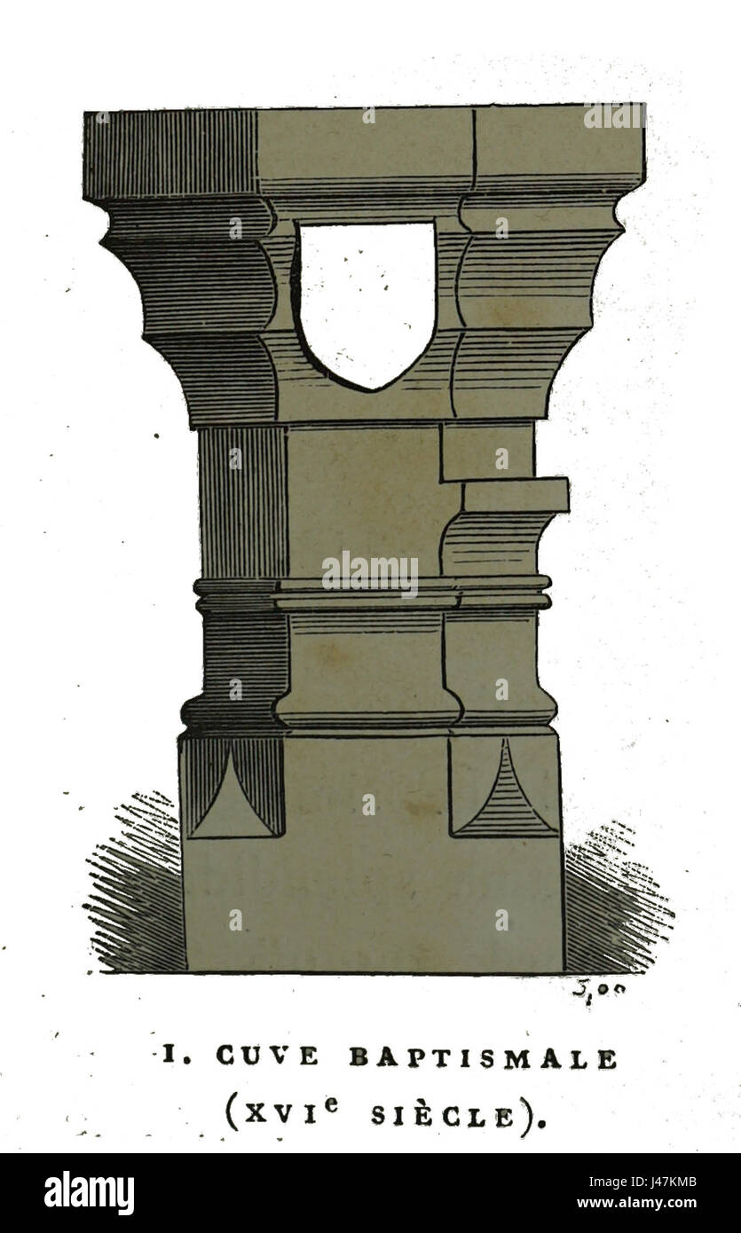 L'immagine intitolata "Nogent en othe cuve baptismale" di Fichot cattura uno storico fonte battesimale di Nogent-en-Othe, che mostra il patrimonio religioso e culturale in Francia. La rappresentazione mette in evidenza l'intricato design del fontâ e il suo ruolo nelle pratiche religiose locali durante il periodo. Foto Stock