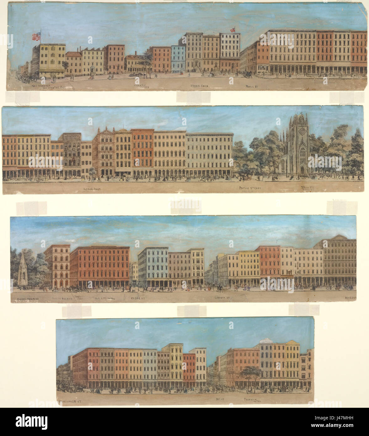 Panorama del lato ovest di Broadway, dal n. 1, Bowling Green, a poche case sopra Dey San . . .Scritte a penna e inchiostro che indica le strade e gli edifici, tra queste ultime, Atlantic Garden, (NYPL ADE 1803466 1659241) Foto Stock