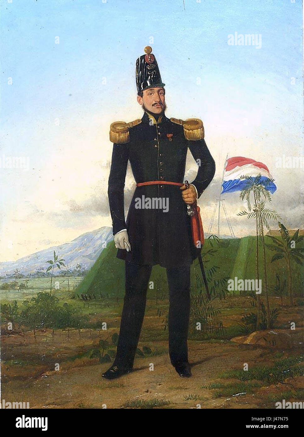Questo dipinto ad olio del 1849 raffigura un ufficiale del KNIL, che rappresenta la presenza militare coloniale delle Indie orientali olandesi, catturando il contesto storico e culturale di quell'epoca. Foto Stock