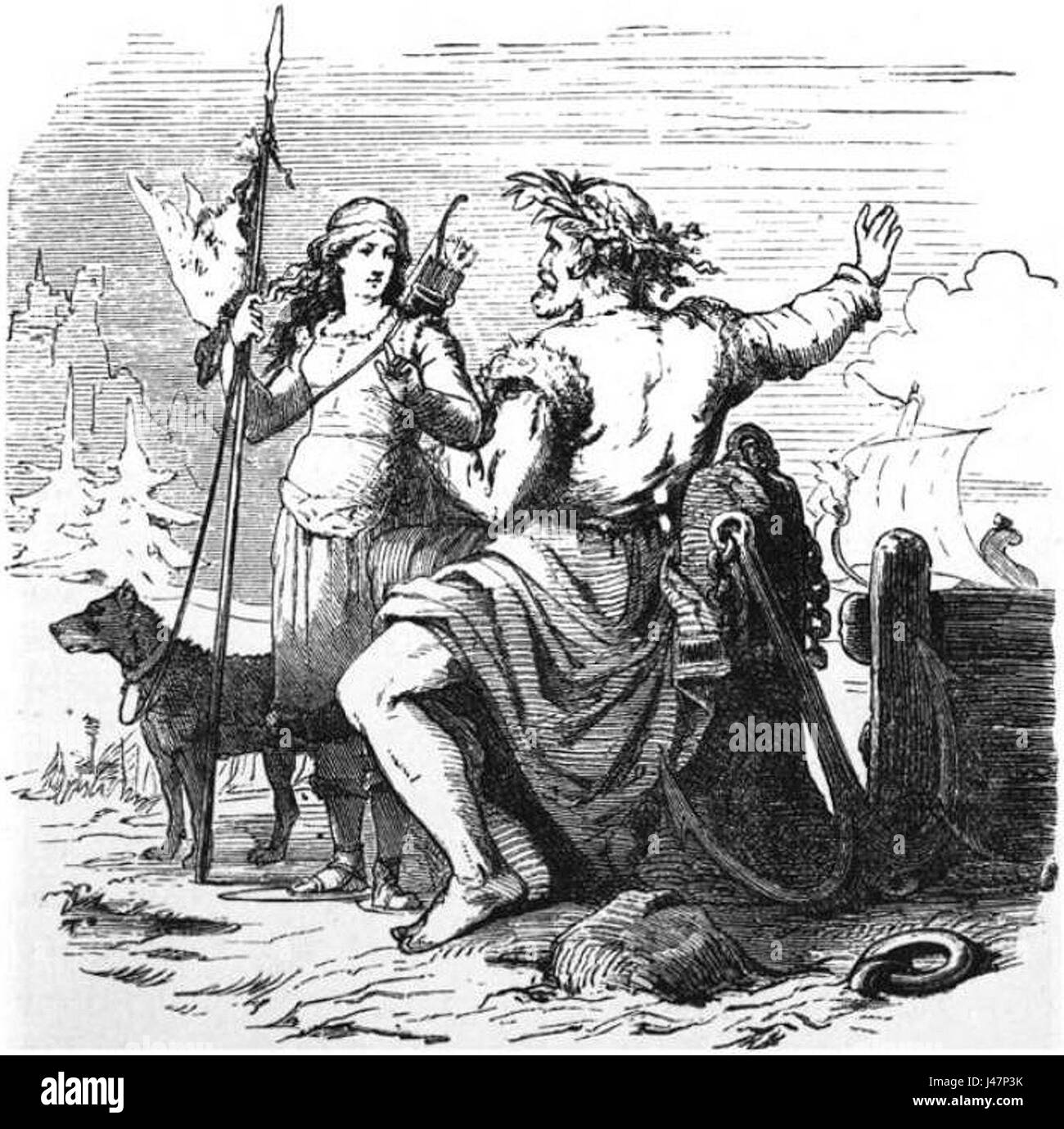 'Niorder und Skadi auf dem Wege nach Noatun' è un'opera d'arte basata sull'originale di W Engelhard, reinterpretata da F W Heine. Questo dipinto mitologico raffigura il viaggio degli dei Niorder e Skadi nella mitologia norrena. Foto Stock