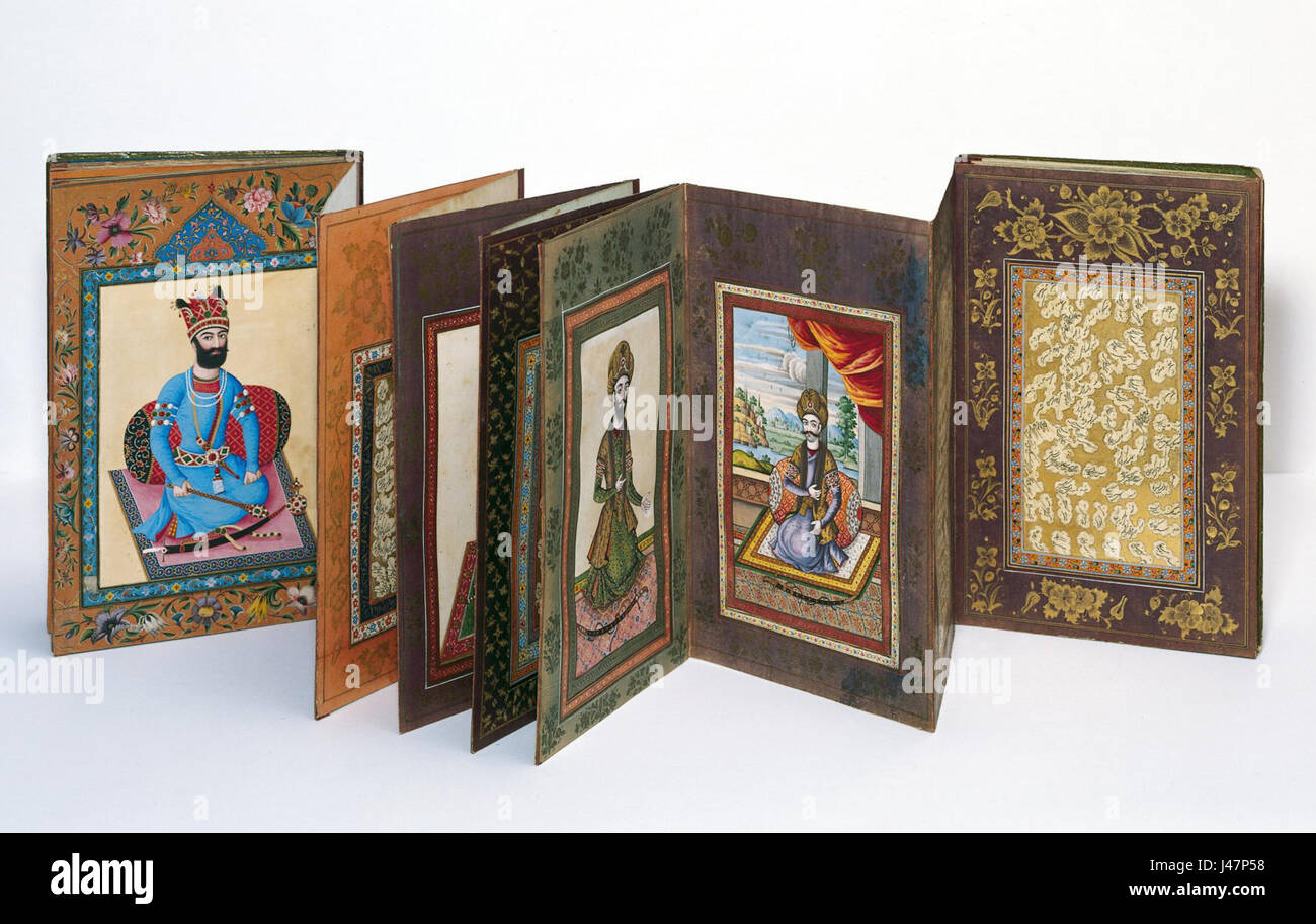 Muraqqa' (album) di ritratti e Calligraphies Qajar, xix secolo CE, Museo Aga Khan Foto Stock