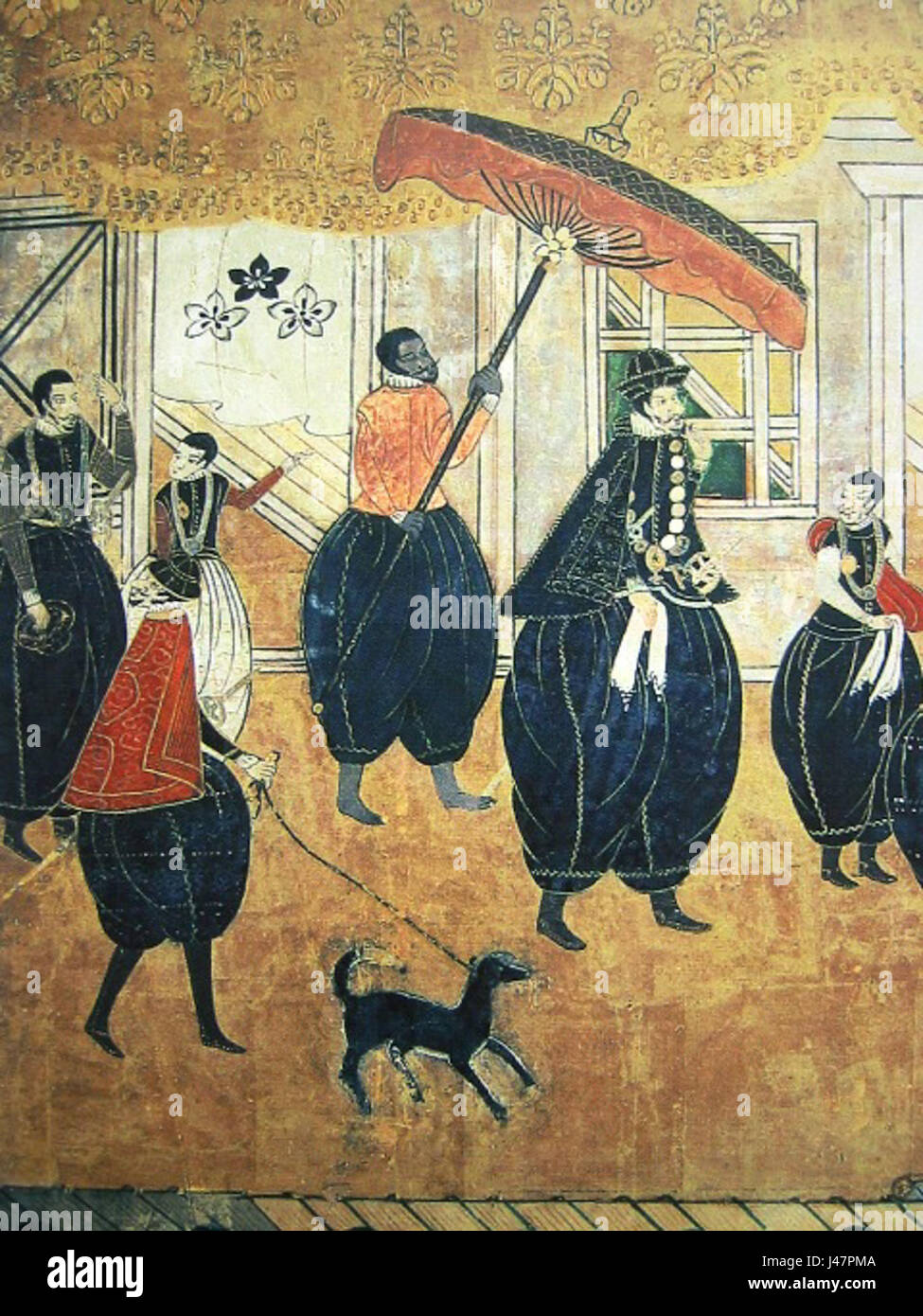 Il gruppo Nanban si riferisce a una collezione di arte giapponese, risalente al XVI e XVII secolo, che descrive le interazioni tra il Giappone e i commercianti europei. Le opere riflettono lo scambio culturale e l'influenza degli stili stranieri sugli artisti giapponesi durante il periodo commerciale Nanban. Foto Stock