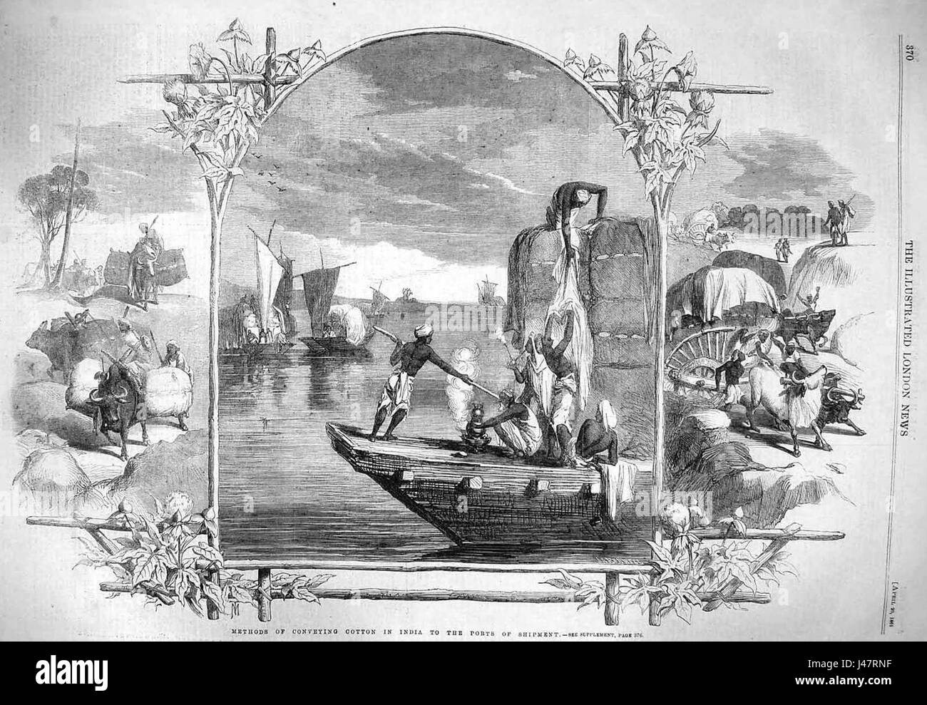 L'India ha sviluppato vari metodi per trasportare il cotone dalle aree di produzione ai porti, tra cui il trasporto terrestre, le ferrovie e i corsi d'acqua. Questi metodi sono fondamentali per il commercio mondiale del cotone, garantendo processi efficienti di spedizione ed esportazione. Foto Stock