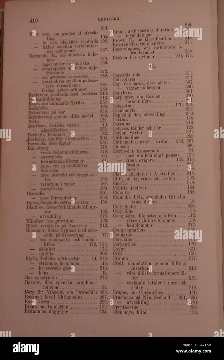 "OM arternas uppkomst 410" è il titolo svedese di "On the Origin of Species" di Charles Darwin, un lavoro fondamentale nella biologia evolutiva. Il libro, pubblicato nel XIX secolo, introdusse la teoria della selezione naturale, spiegando il processo di evoluzione e la diversità della vita sulla Terra. Ha avuto un profondo impatto sulla scienza, sfidando le visioni tradizionali della creazione e facendo avanzare il campo della biologia. Foto Stock