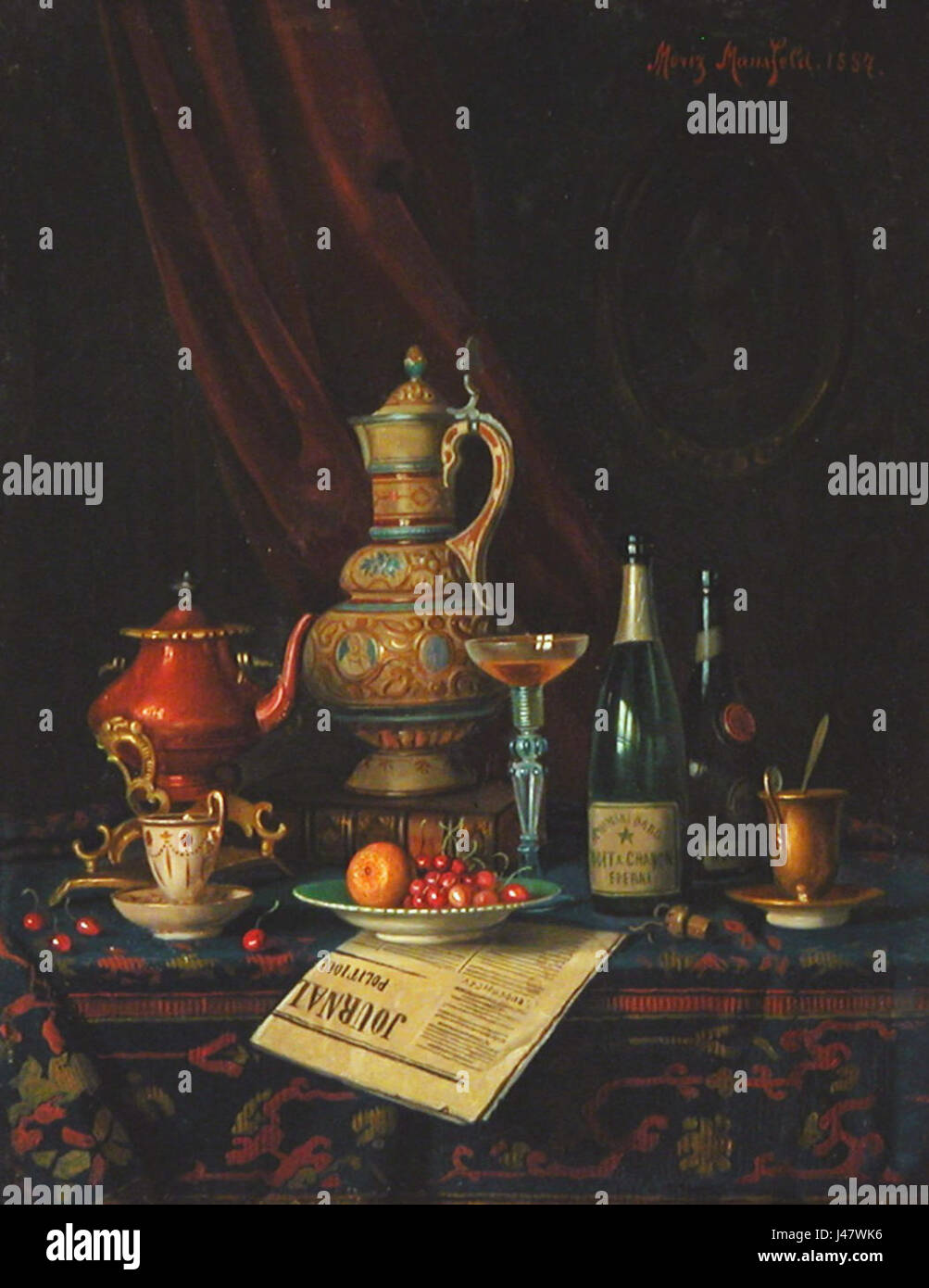 Questa opera d'arte di Moritz Mansfeld, intitolata *natura morta con Moet e Chandon* del 1887, raffigura una classica composizione di natura morta con il marchio di champagne Moet e Chandon, che illustra l'arte e il lusso europei del XIX secolo. Foto Stock