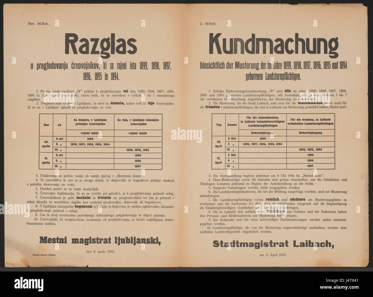 Questo poster multilingue del 1918, intitolato "Musterung Kundmachung", è stato creato a Laibach (ora Lubiana, Slovenia). Faceva parte degli sforzi in tempo di guerra e mirava a informare il pubblico sulla coscrizione militare. Foto Stock