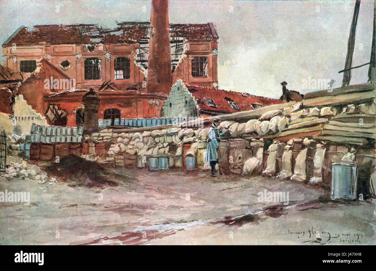 Una fotografia del 30 ottobre 1915, che mostra una barricata nella distilleria Vauxrot durante la prima guerra mondiale, simboleggiando le lotte in tempo di guerra in Francia. Foto Stock