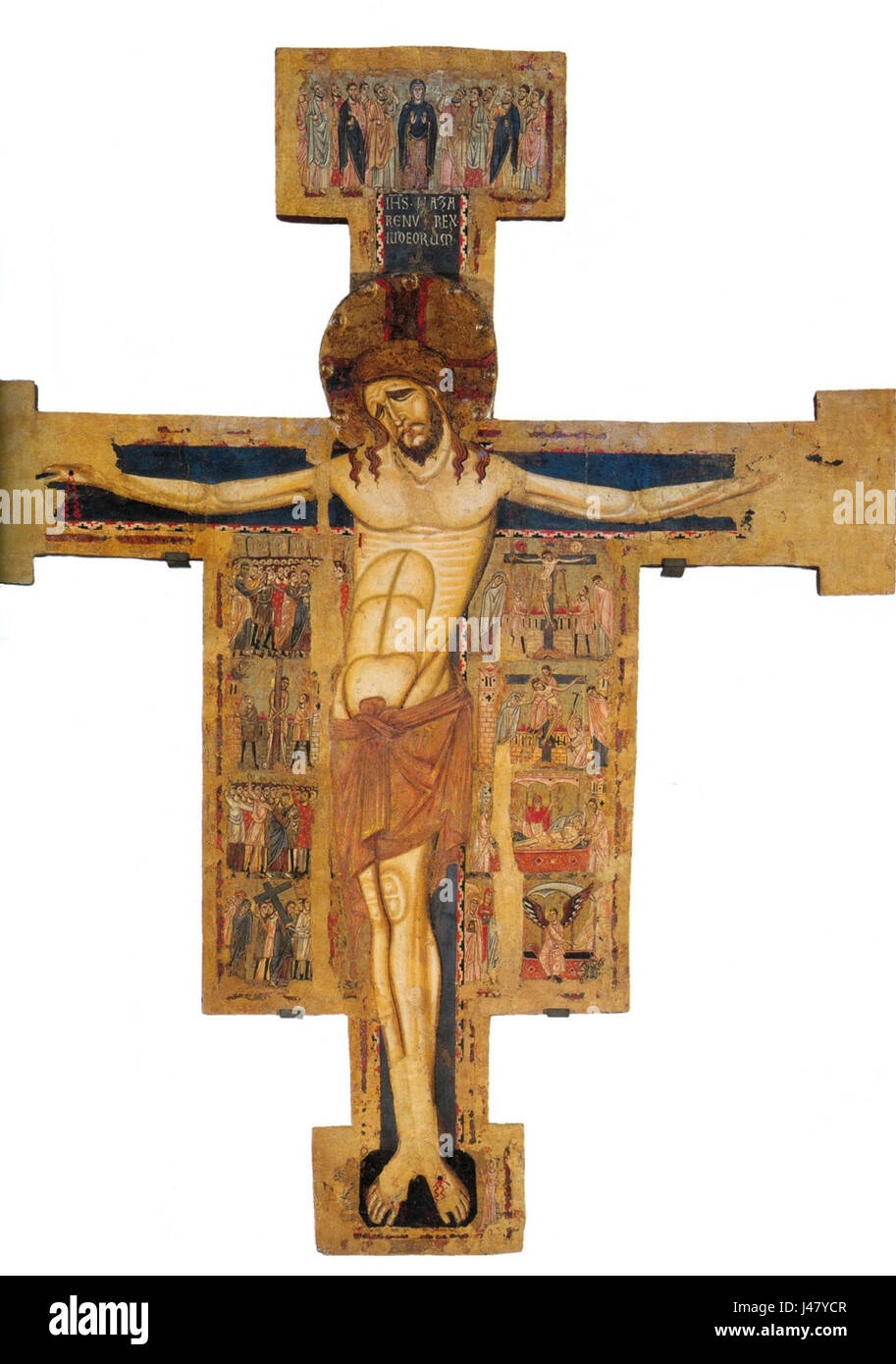 Un crocifisso ligneo situato nella Cattedrale di San Martino a Lucca, in Italia, risalente al XIII secolo. La croce presenta raffigurazioni del Cristo crocifisso, della Vergine Maria e di San Giovanni Evangelista. È coronata da un cimatium con Cristo Redentore in trono tra angeli e due busti di santi. La croce è fatta di olmo e misura circa otto piedi di altezza. Foto Stock