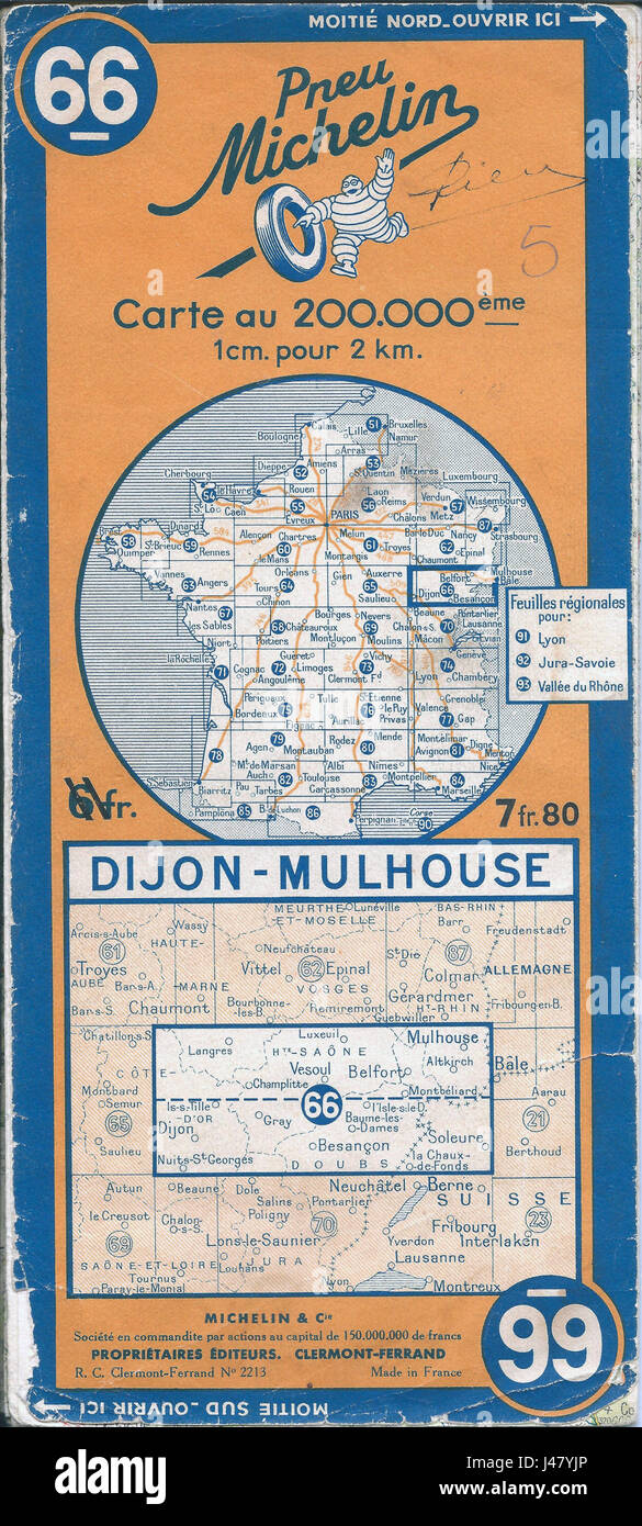 La mappa Michelin nr 66 del 1940 fornisce dettagliate mappe stradali della Francia durante la seconda guerra mondiale. La mappa funge da riferimento storico per le strategie di trasporto e militari dell'epoca. Foto Stock