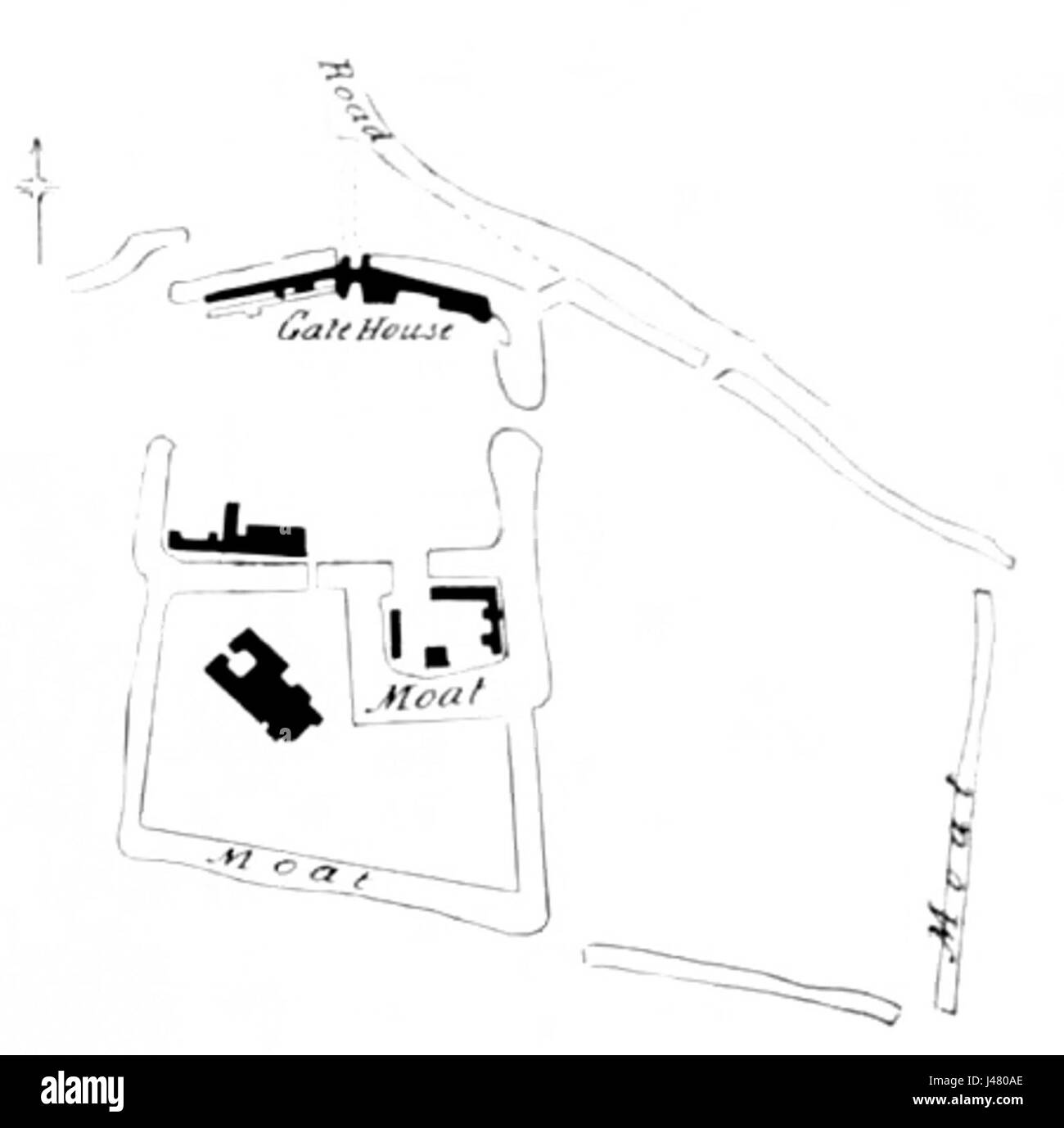 Plan of Mettingham Castle, una residenza fortificata nel Suffolk, Inghilterra, fondata nel 1342 da Sir John de Norwich. Il piano illustra la disposizione del castello, tra cui i suoi cortili e la porta d'ingresso. Foto Stock