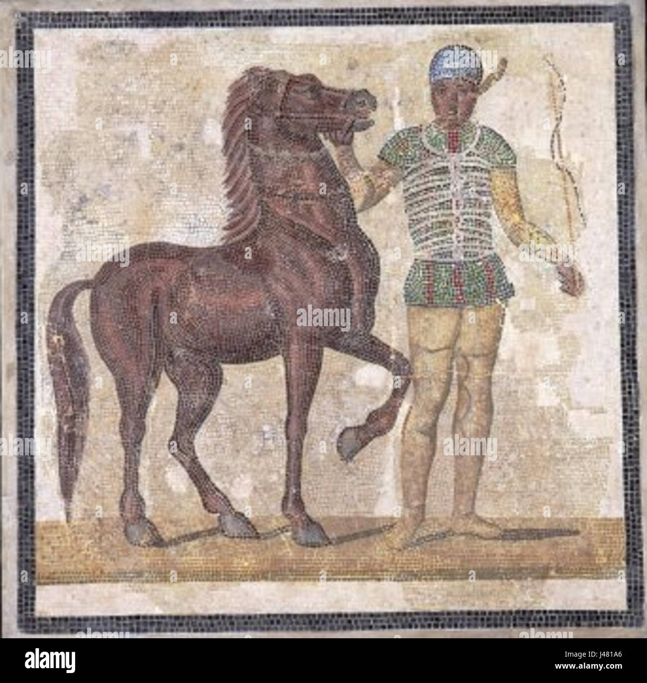 Raffigurazione di un'opera a mosaico raffigurante un auriga verde, probabilmente legata a stili artistici antichi, attribuita a massimo, artista o figura storica. Foto Stock