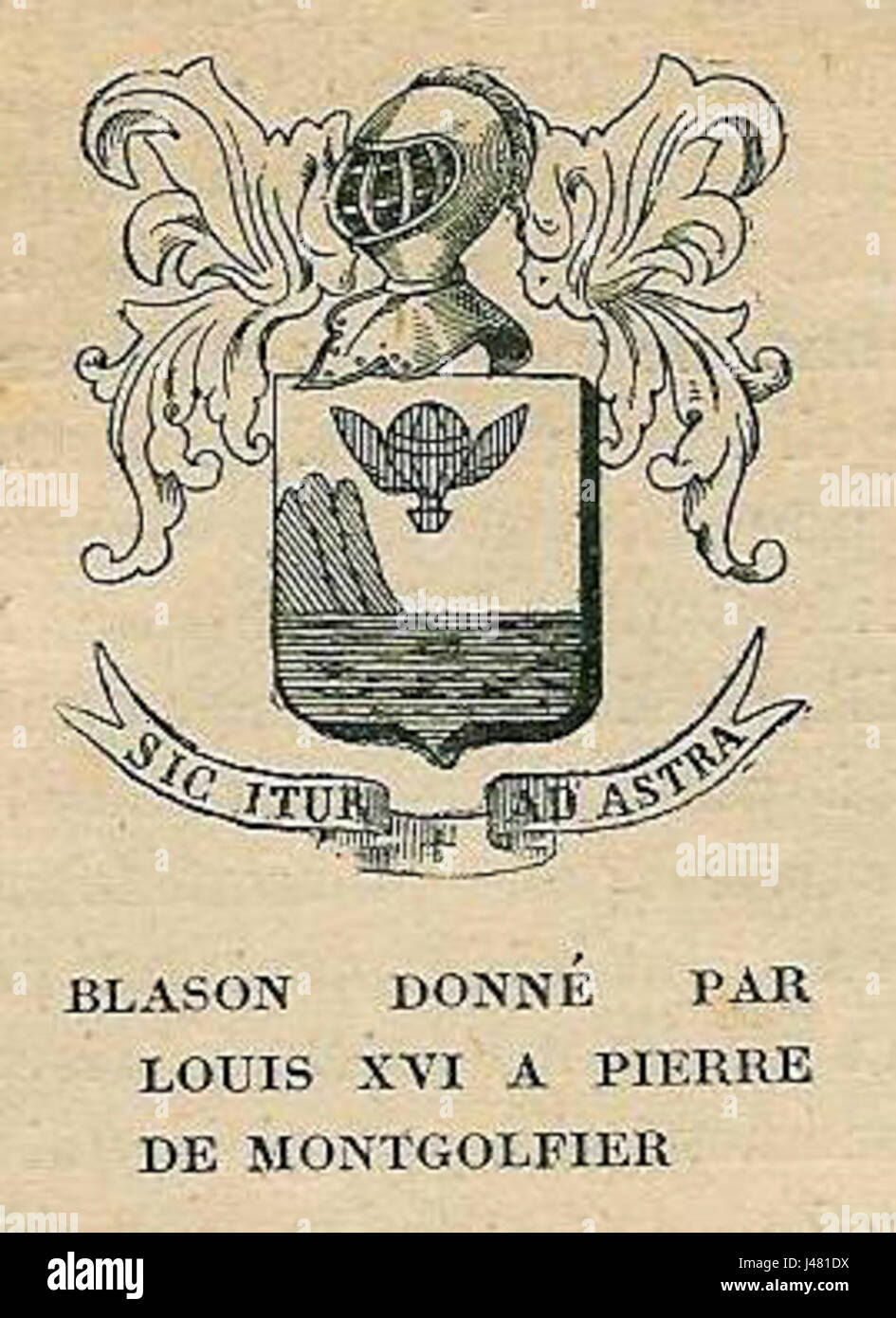 Montgolfier Les Contemp Blason si riferisce ai fratelli Montgolfier, pionieri del volo in mongolfiera nel XVIII secolo. Questo titolo mette in evidenza il loro impatto storico e gli emblematici stemmi (blasons) associati al loro lavoro. I Montgolfiers sono centrali nella storia del volo e la loro invenzione ha segnato un significativo passo avanti nell'aviazione. Foto Stock