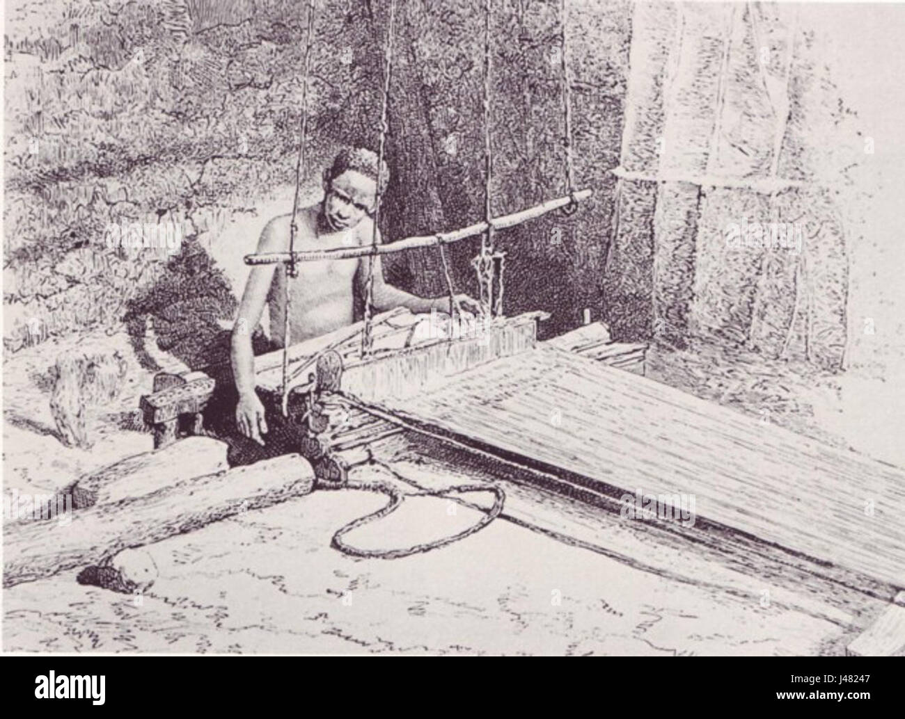 Questa immagine cattura un tessitore di Mogadiscio nel 1882, illustrando le pratiche tradizionali di tessitura nella regione. La cultura della tessitura a Mogadiscio riflette il ricco patrimonio artigianale della Somalia durante il XIX secolo. Foto Stock