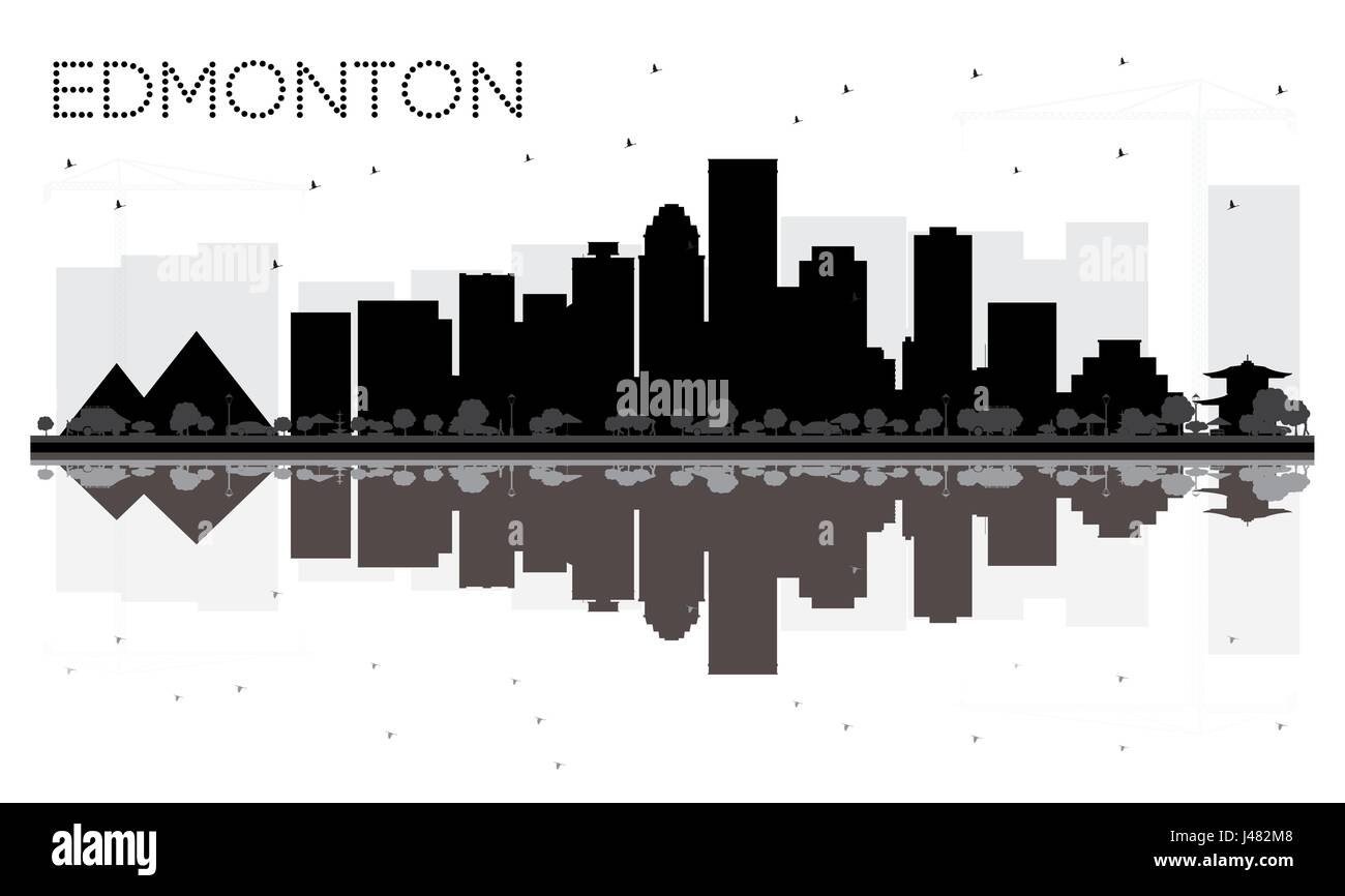 Edmonton skyline della città in bianco e nero con silhouette riflessioni. illustrazione vettoriale. semplice piatto concetto per il turismo presentazione, banner, cartellone Illustrazione Vettoriale