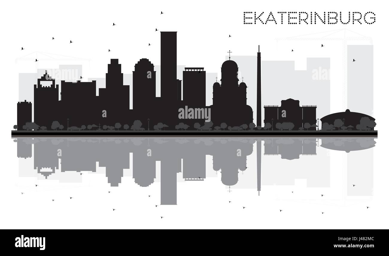 Ekaterinburg skyline della città in bianco e nero con silhouette riflessioni. Illustrazione Vettoriale. Illustrazione Vettoriale