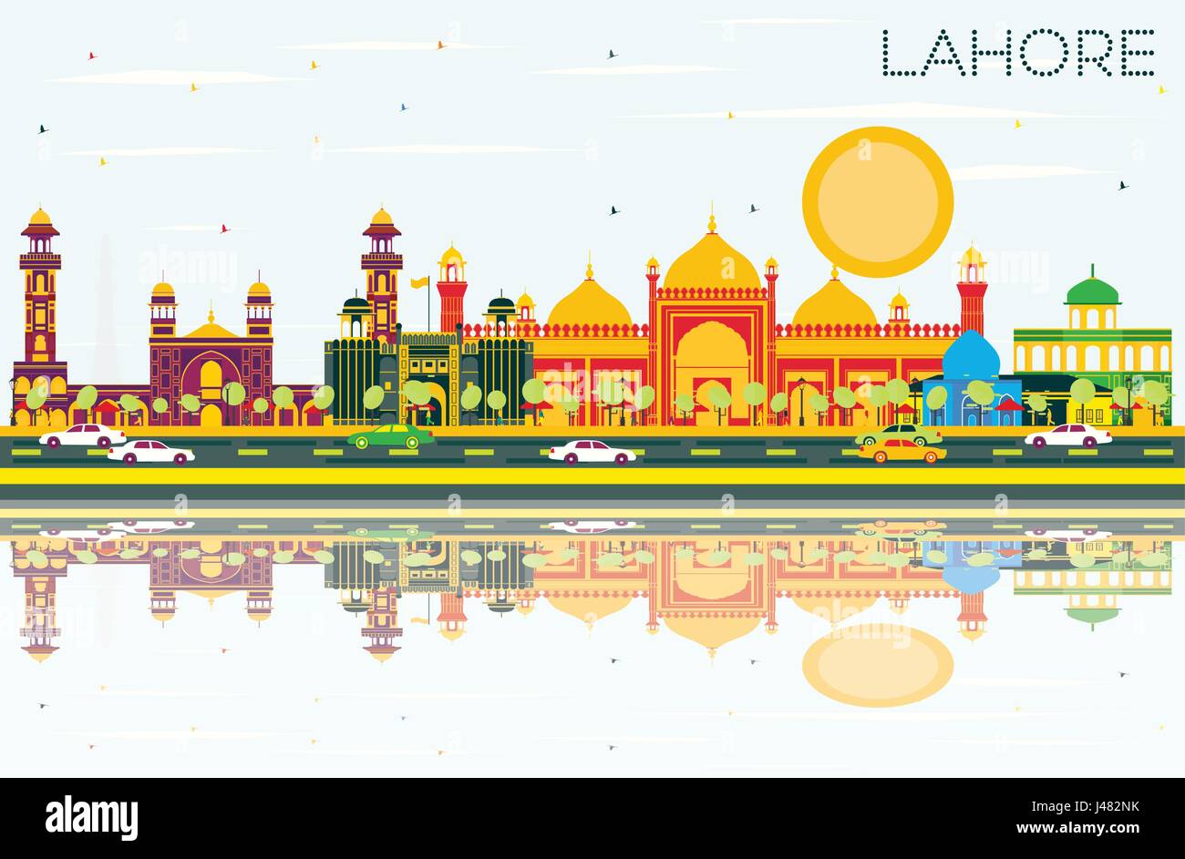 Lahore Skyline con punti di riferimento di colore, cielo blu e riflessi. Illustrazione Vettoriale. Viaggi di affari e turismo concetto con edifici storici. Illustrazione Vettoriale