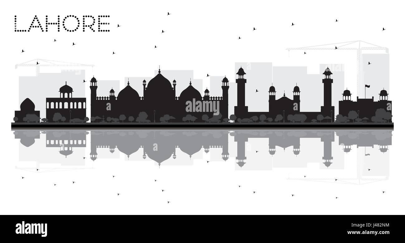 Lahore città skyline in bianco e nero con silhouette riflessioni. illustrazione vettoriale. Illustrazione Vettoriale