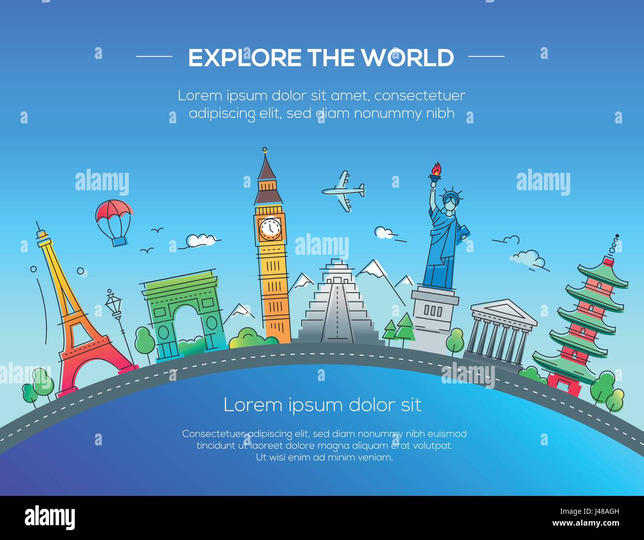 Illustrazione di design piatto cartolina con il famoso punto di riferimento Illustrazione Vettoriale