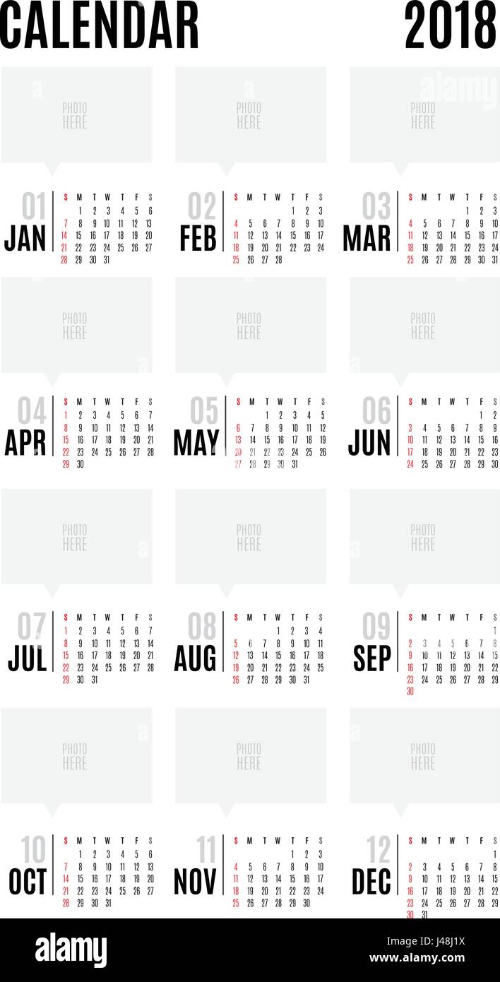 2018 Calendario vettore moderno design semplice,lasciano spazio per aggiungere la vostra foto,l'evento di festa planner,settimana inizia Domenica. Illustrazione Vettoriale