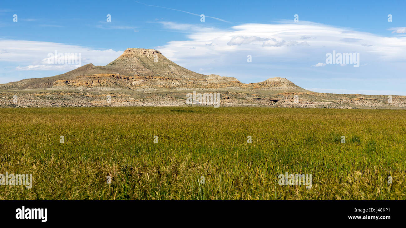 Belle Blue Skies con soffici nuvole bianche su tavolo superiore Wind River Wyoming Foto Stock