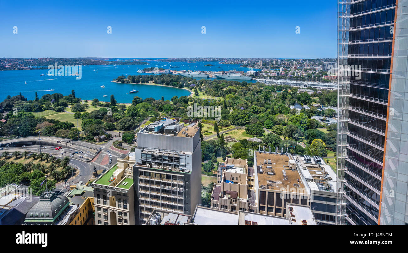 Australia, Nuovo Galles del Sud, Sydney, veduta aerea del porto di Sydney, il Royal Botanic Gardens, Farm Cove e il giardino isola da un luogo di Farrer Foto Stock