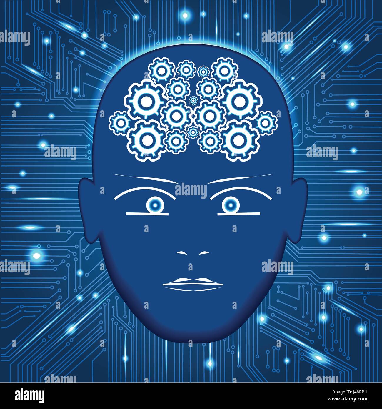 Testa ingranaggi in forma di cervello,scheda di circuito con uno sfondo con linee incandescente con puntini, concetto di pensare, la visualizzazione del pensiero umano. Illustrazione Vettoriale