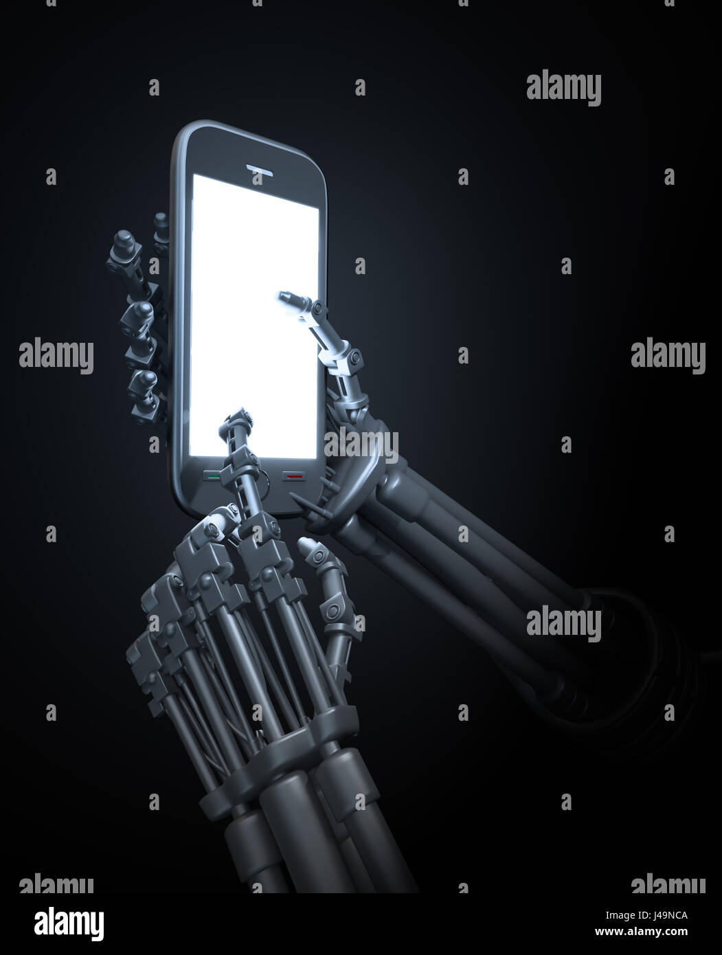 Robot in possesso di un telefono cellulare - 3d illustrazione Foto Stock