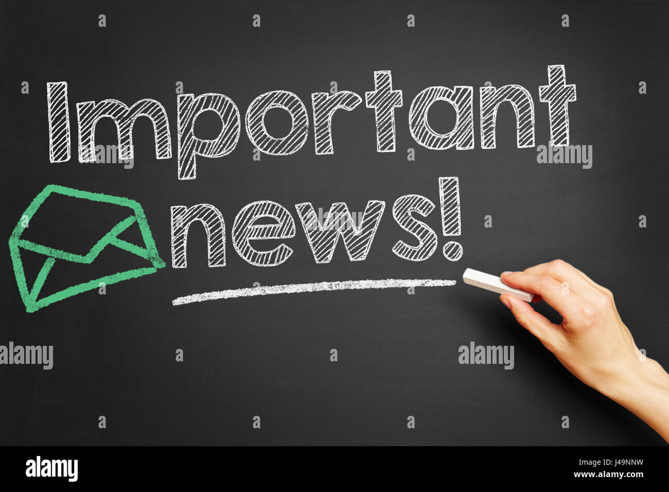 Scrive a mano " Notizie importanti!' con un gessetto sulla lavagna Foto Stock