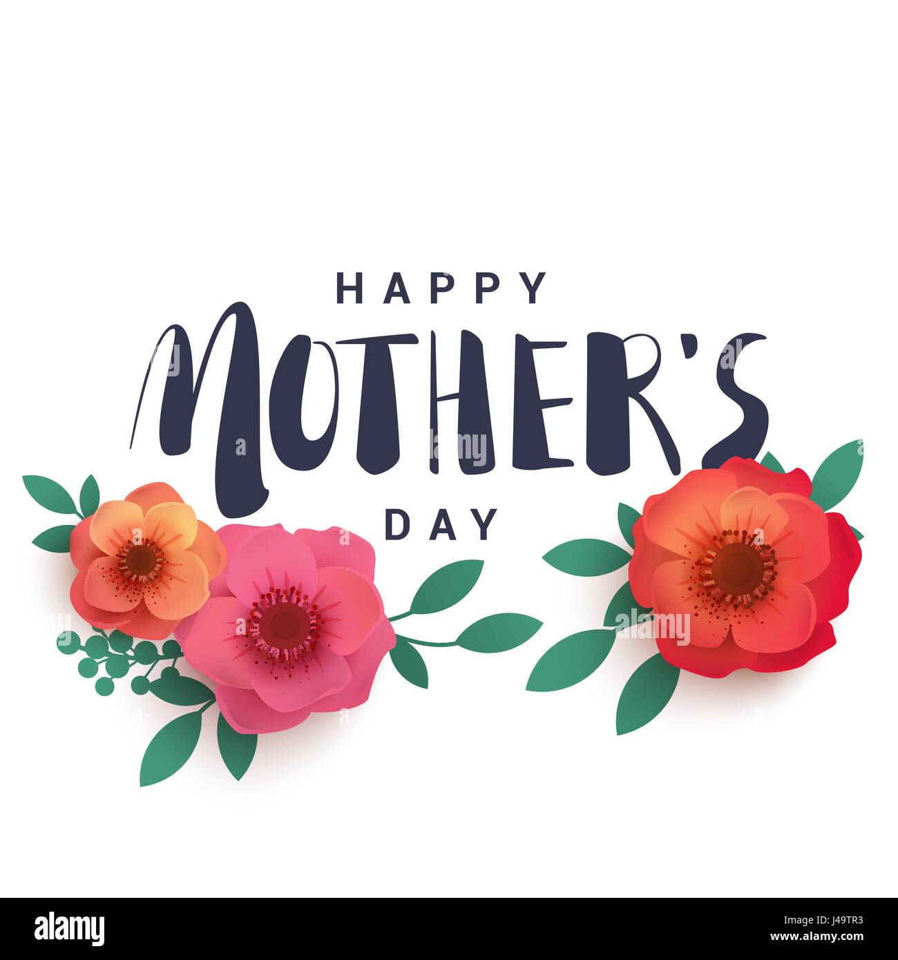 Felice Giorno della Madre di scritte su sfondo bianco in una culla. Illustrazione luminoso con fiori di colore rosso e di ombra. Fiori di carta per le vacanze. Illustrazione Vettoriale