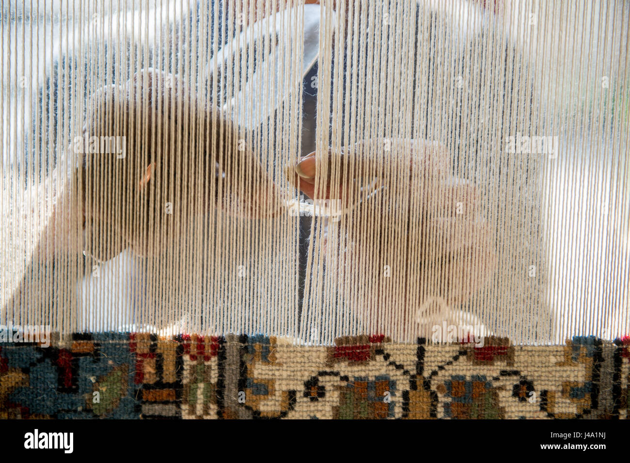 Vista ravvicinata delle mani la tessitura di un tappeto orientale in un negozio a Jaipur, India. Foto Stock