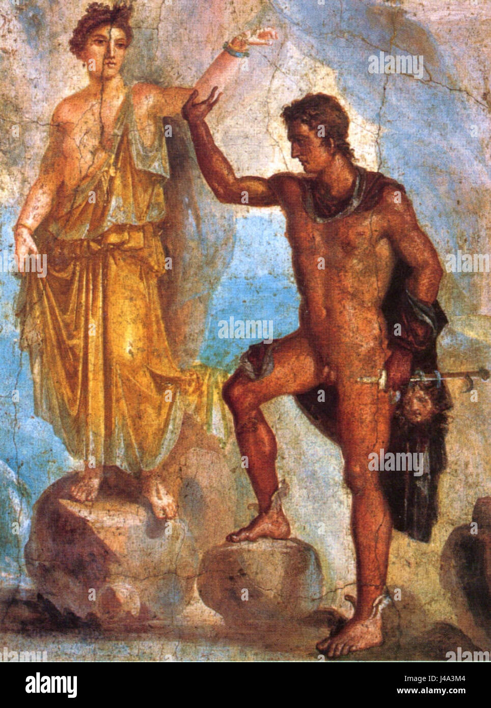La *Casa dei Dioscuri* di Pompei presenta notevoli affreschi, tra cui la famosa scena *Perseo e Andromeda*. Queste opere forniscono un'idea dell'arte e della mitologia romana, mostrando dettagliate raffigurazioni di racconti mitologici. Foto Stock