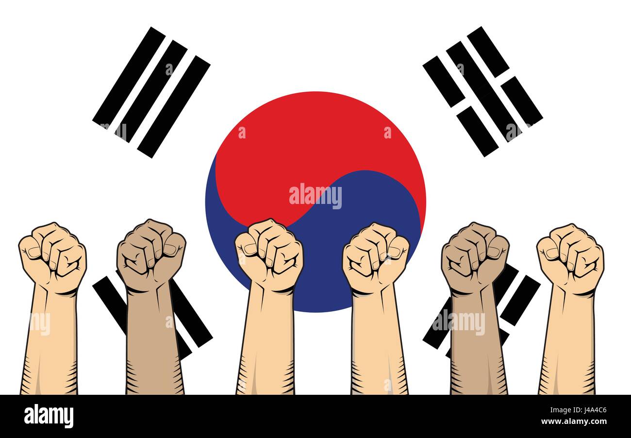 Corea del sud protesta lotta contro una guerra illustrazione con bandiera come sfondo e un sacco di mano Illustrazione Vettoriale