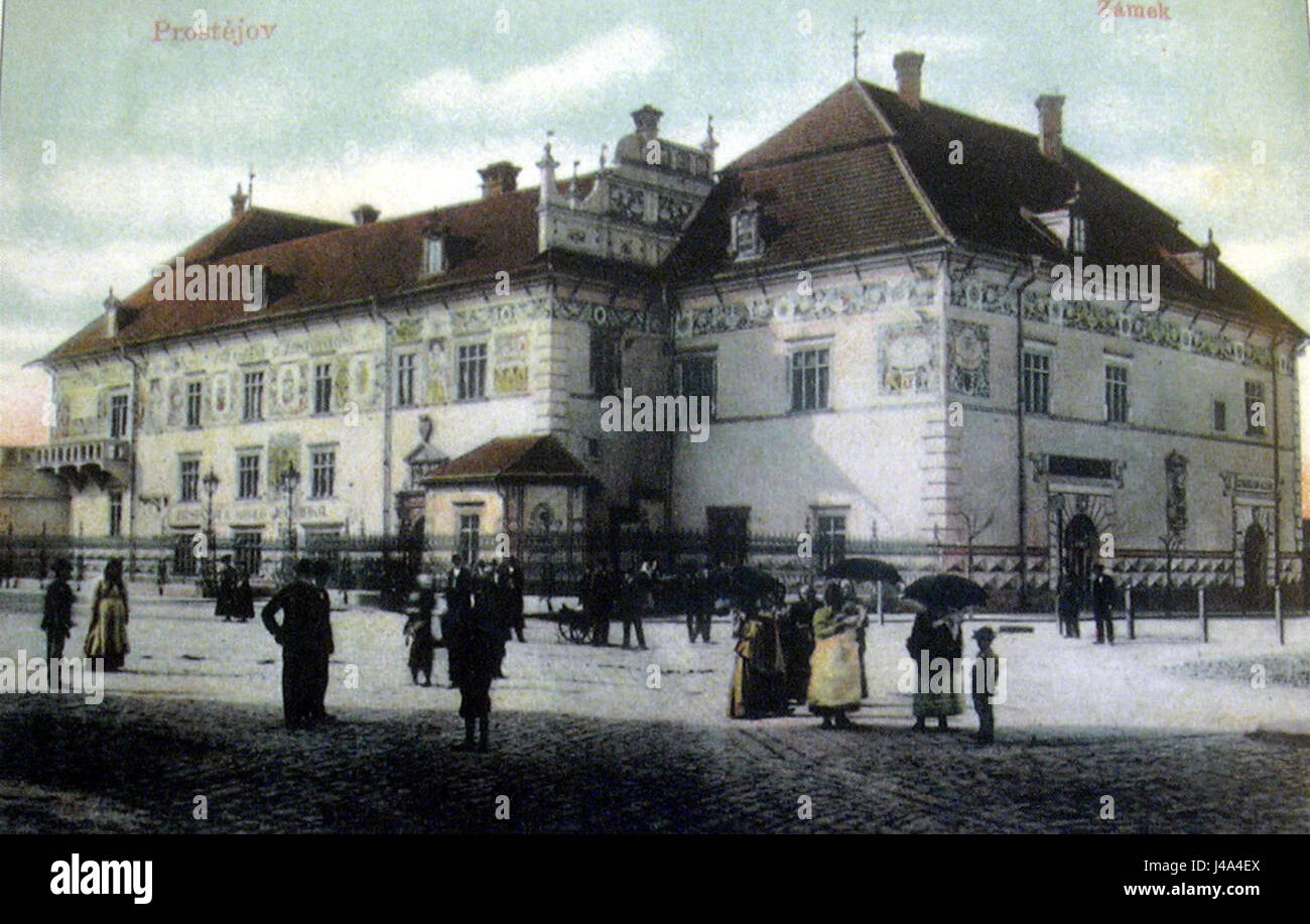 Una fotografia storica di Prostejov dell'anno 1903, che cattura l'architettura e la vita quotidiana della città durante quel periodo di tempo. Foto Stock
