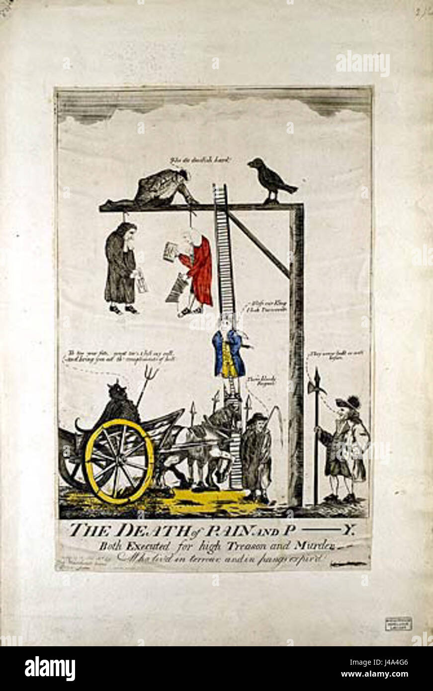 Questo cartone animato, probabilmente raffigurante una scena legata alla morte di Joseph Priestley, evidenzia il clima intellettuale e sociale del tempo. Priestley, un chimico del XVIII secolo, era noto per la sua scoperta dell'ossigeno e le sue opinioni politiche. Foto Stock
