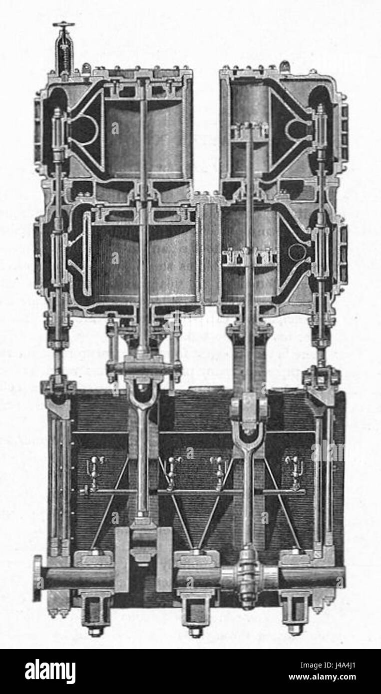 Questo diagramma di una pubblicazione del 1913 sui motori termici mostra una sezione di un composto di espansione quadruplo, che era un design avanzato del motore utilizzato per la generazione efficiente di energia a vapore. Foto Stock