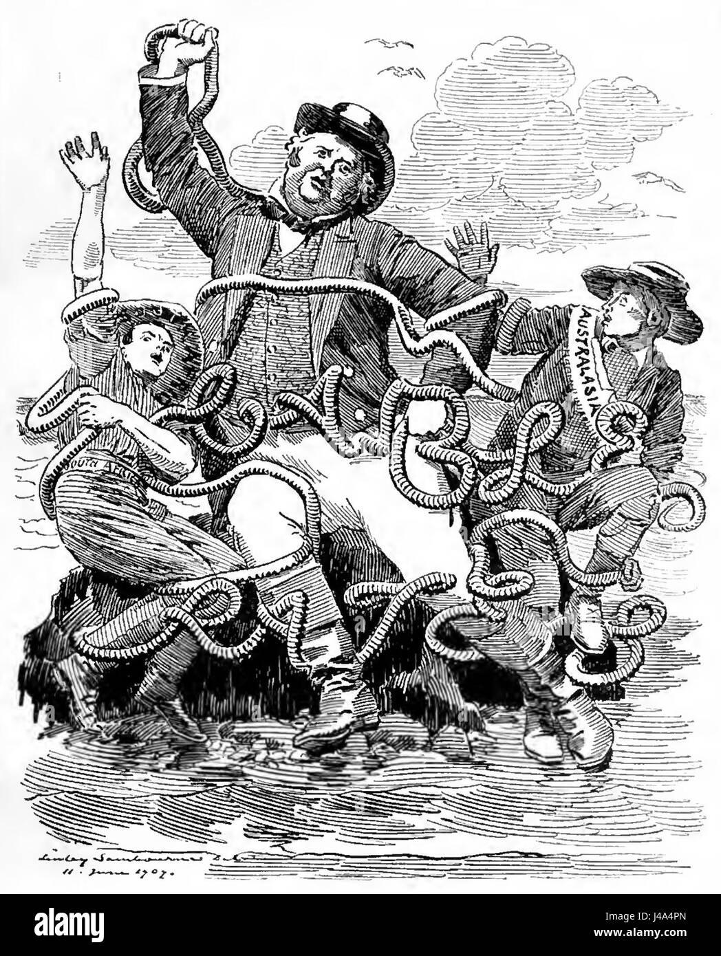 Questa immagine si riferisce probabilmente a un cartone animato politico o a un'illustrazione della rivista Punch, che mostra una rappresentazione satirica o umoristica di una situazione sociale o politica. Foto Stock