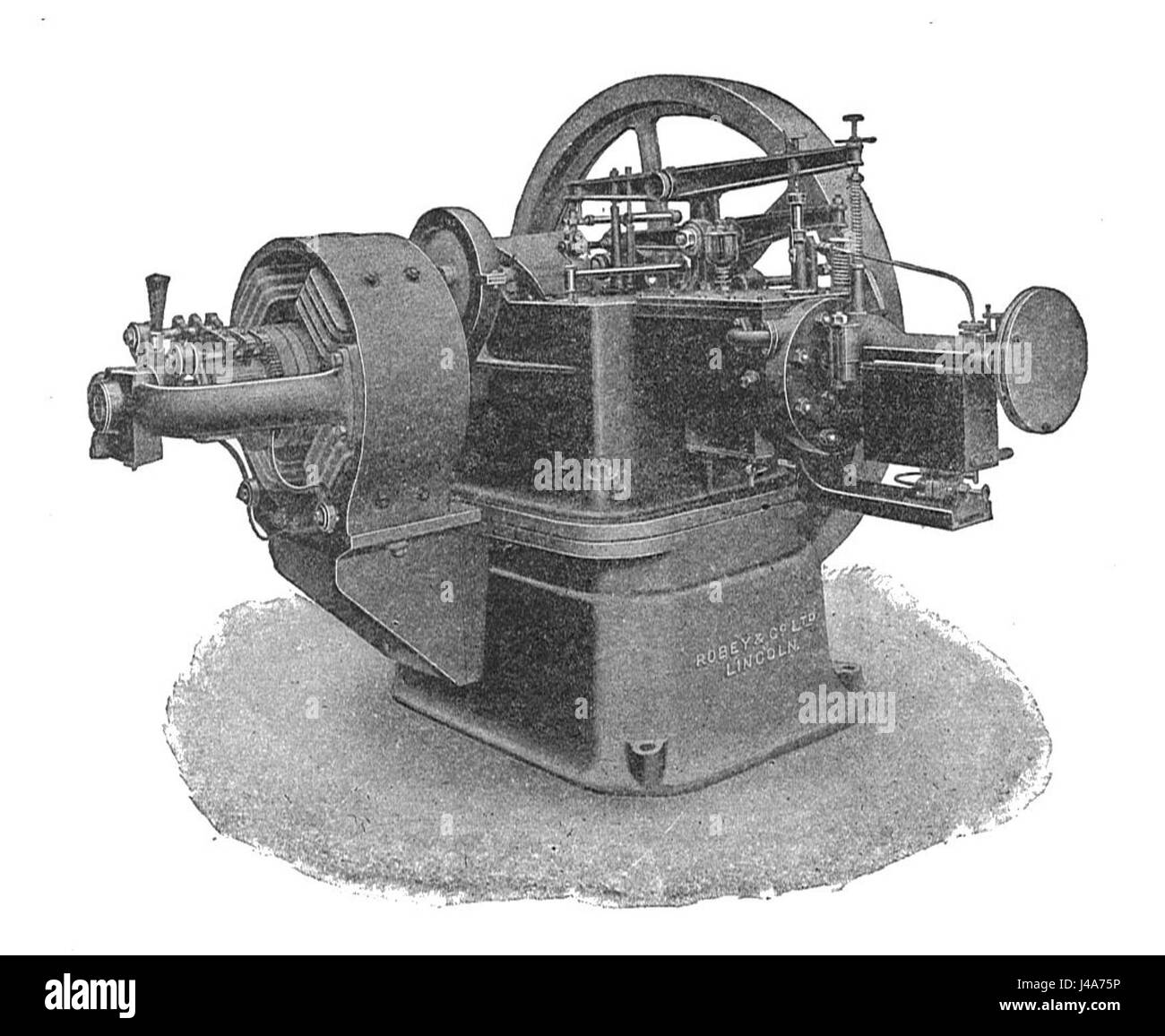 Questa immagine raffigura il motore combinato Robey e la dinamo, come descritto in "Modern Engines, Vol II" di Rankin Kennedy. Mostra una prima macchina industriale utilizzata per la generazione di potenza, combinando un motore con una dinamo per una produzione efficiente di energia elettrica. Foto Stock