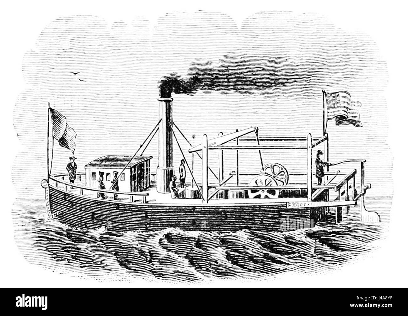 Questa illustrazione tratta dal volume 12 (1888) di "Popular Science Monthly" raffigura il piroscafo John Fitch del 1788, uno dei primi piroscafi americani progettati per la navigazione fluviale, segnando un passo importante nello sviluppo di imbarcazioni a vapore. Foto Stock