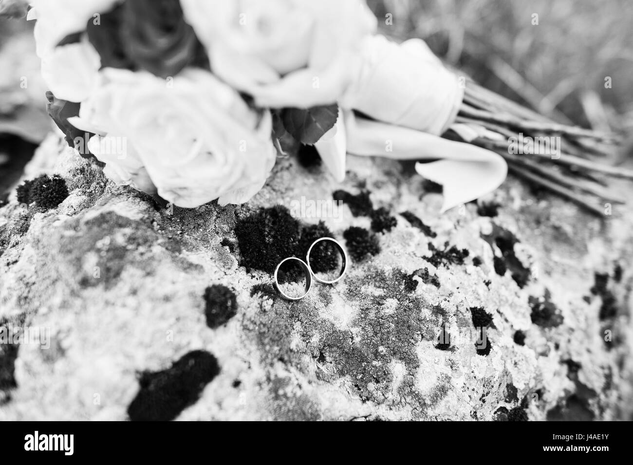 Bouquet nozze con anelli in pietra con MOSS. Foto Stock